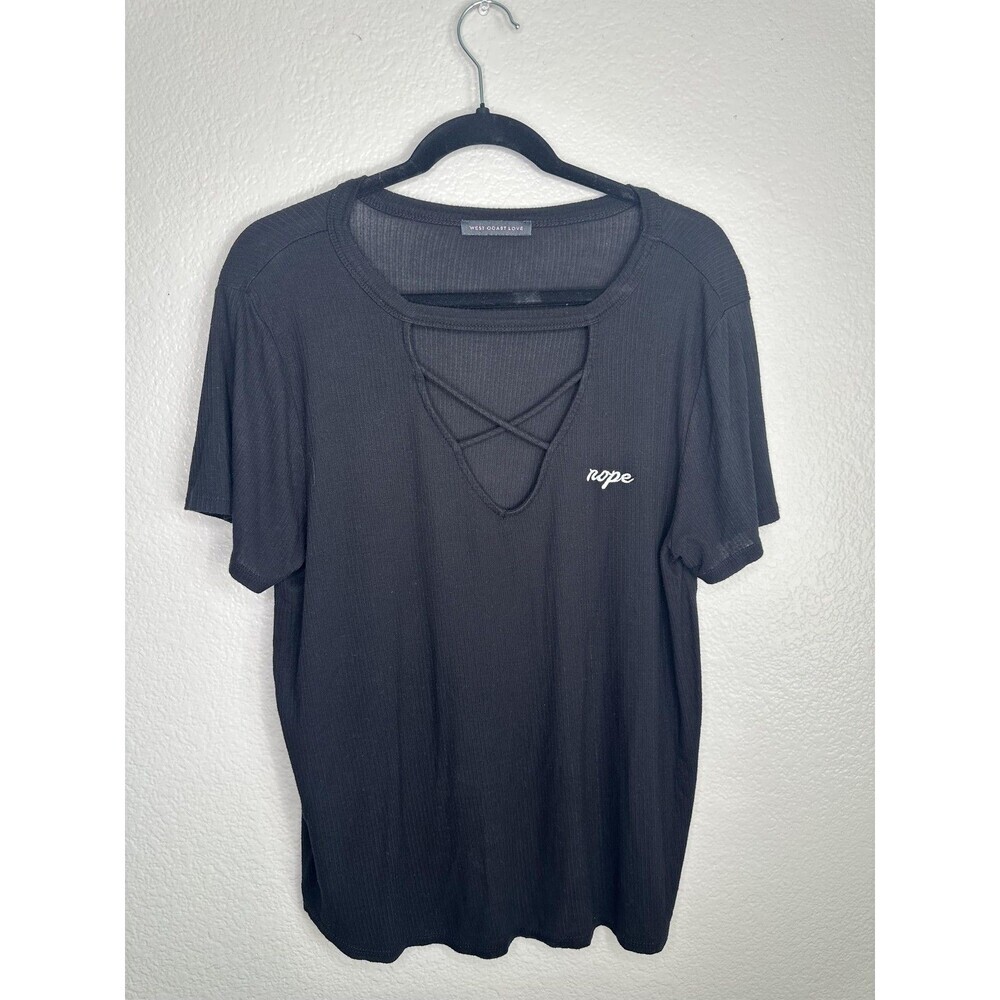 West Coast Love Shirt Womens Large Black Criss Cross Neck Short Sleeve Rope Tee